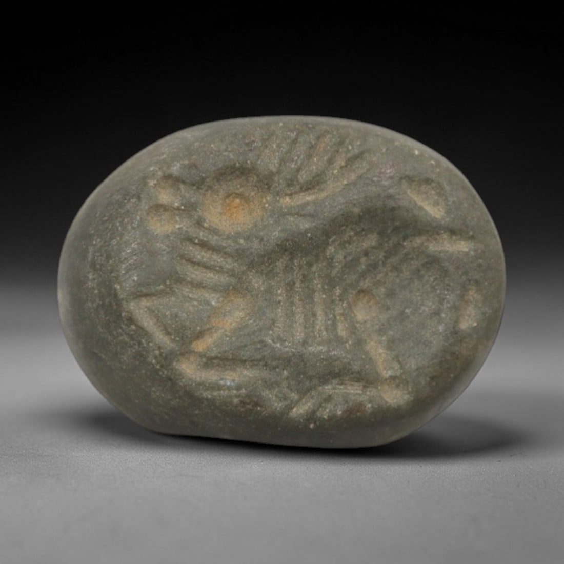 Ancient Stone Hemispherical Stamp Seal - Near Eastern Animal Figure, 2ZT: Crafted from dense, fine-grained dark stone, this hemispherical stamp seal features incised carving of a recumbent animal figure, likely a stag or ibex, with detailed antlers, segmented body, and refi