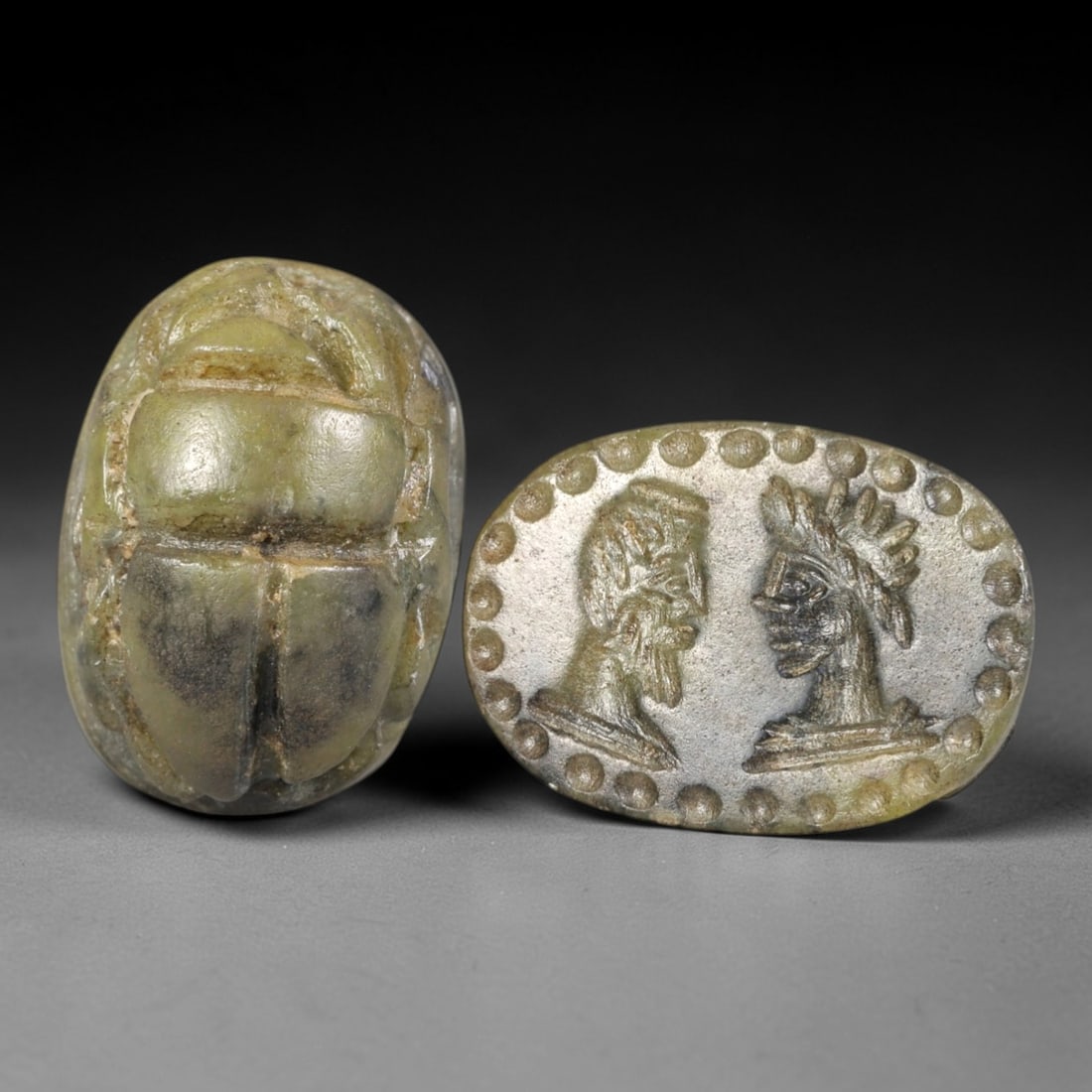 Ancient Serpentine Scarab - Near Eastern Confronted Figural Seal, 60AS: This artifact is hand-carved from serpentine stone, utilizing traditional ancient seal craftsmanship consistent with Near Eastern or Phoenician Iron Age traditions. The object takes the form of a scar