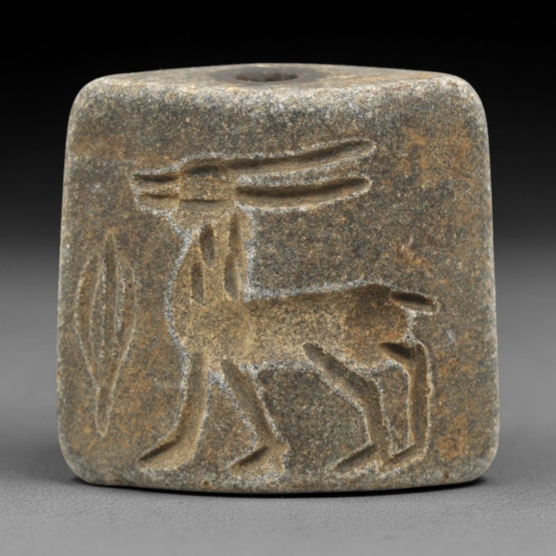 Ancient Schist Double Convex Bead Amulet - Near Eastern Caprine Intaglio, 18ZS: Carved from dark gray schist, this 2.5x2.2cm double convex bead amulet features two complementary intaglio motifs: each side depicts a striding caprine (likely an ibex or gazelle) with incised linear
