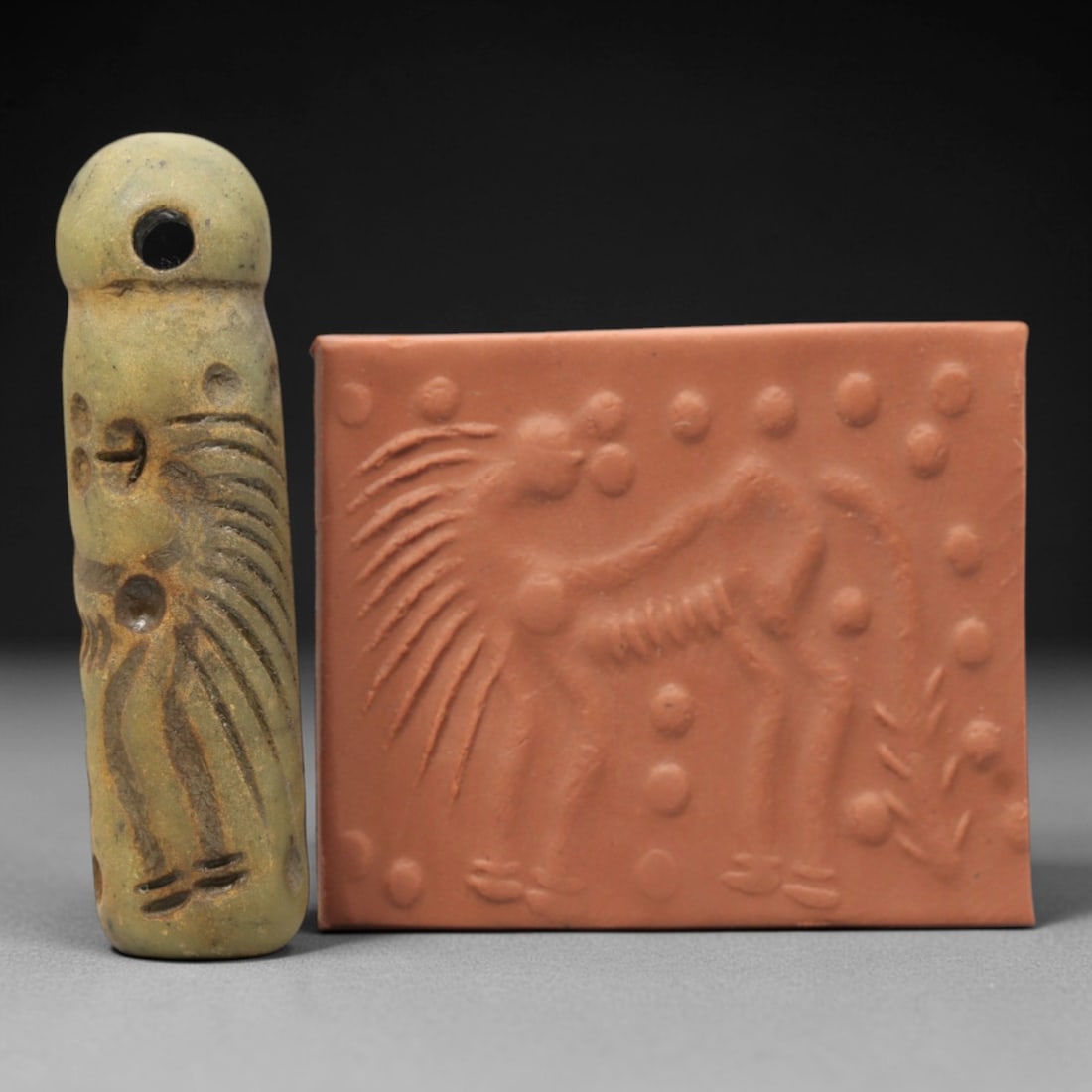 Ancient Serpentine Cylinder Seal - Mesopotamian, 47ZT: Carved from serpentine, this cylinder seal follows the classic cylindrical form of ancient Mesopotamian administrative and ritual artifacts. Attributed to the Bronze Age Mesopotamian cultures, this se