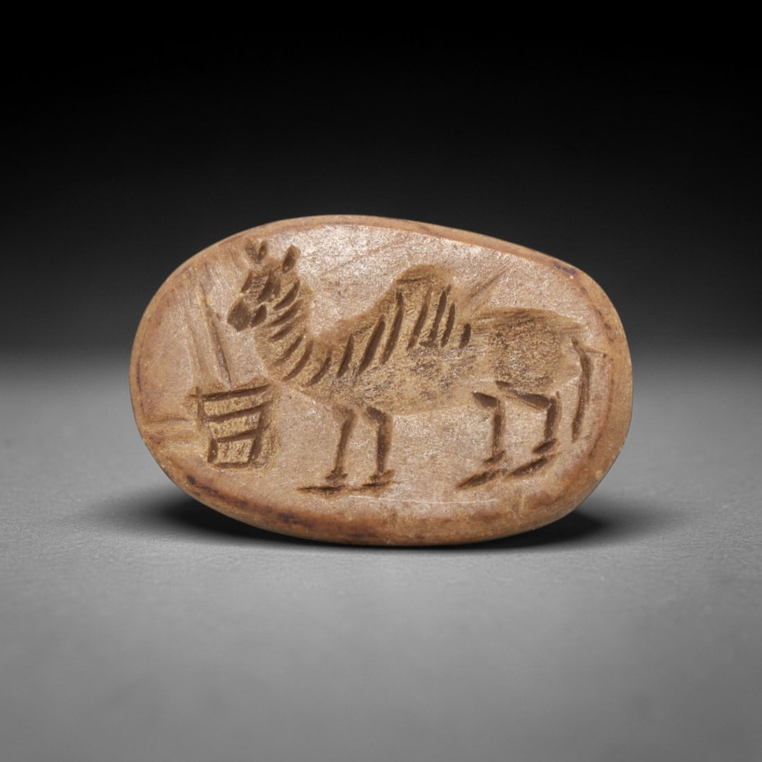 Ancient Steatite Stamp Seal - Near Eastern Camel Figurine, 93ZV: This ancient Near Eastern stamp seal is carved from steatite, formed as an oval plaque with incised decoration depicting a standing camel in profile, rendered with distinct linear detailing for its hu