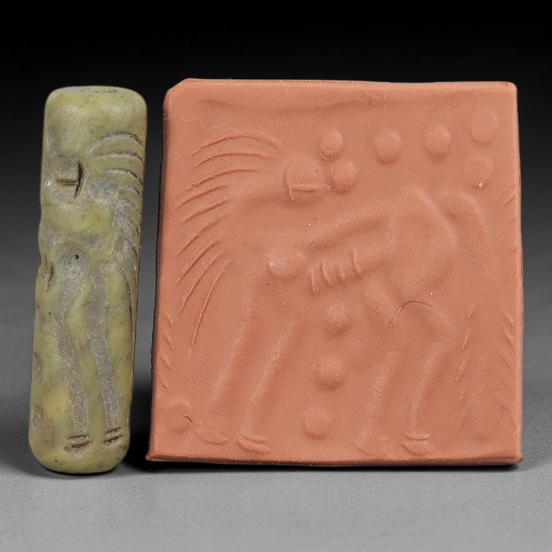 Ancient Serpentine Cylinder Seal - Mesopotamian, 75FX: Carved from serpentine, this cylinder seal follows the classic cylindrical form of ancient Mesopotamian administrative and ritual artifacts. Attributed to the Bronze Age Mesopotamian cultures, this se