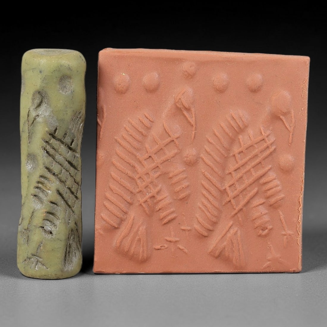Ancient Serpentine Cylinder Seal - Mesopotamian, 65FX: Carved from serpentine, this cylinder seal follows the classic cylindrical form of ancient Mesopotamian administrative and ritual artifacts. Attributed to the Bronze Age Mesopotamian cultures, this se