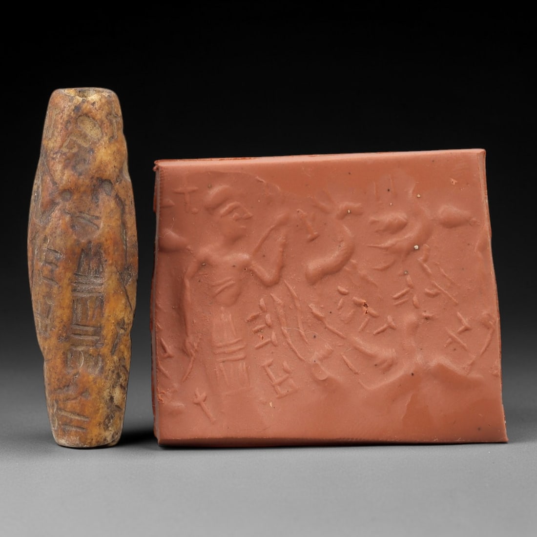 Ancient Steatite Cylinder Seal - Mesopotamian Cuneiform & Figural Scene, 75AN (1 of 2)