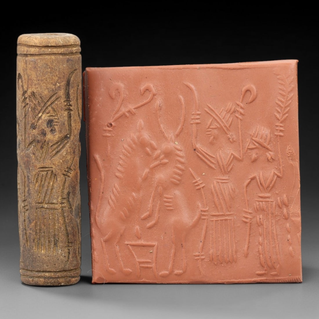 Ancient Steatite Cylinder Seal - Mesopotamian Mythological & Figural Ritual Scene, 64AN (1 of 2)