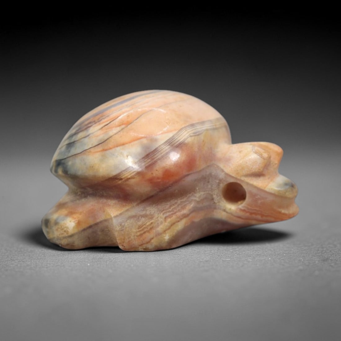 Antique Agate Tortoise Bead Amulet - Central Asian Protective Talisman, 2ZW: Carved from banded agate with warm peach, cream, and smoky gray concentric striping, this amulet takes the form of a stylized tortoise with a domed, naturally banded shell and simplified facial featur