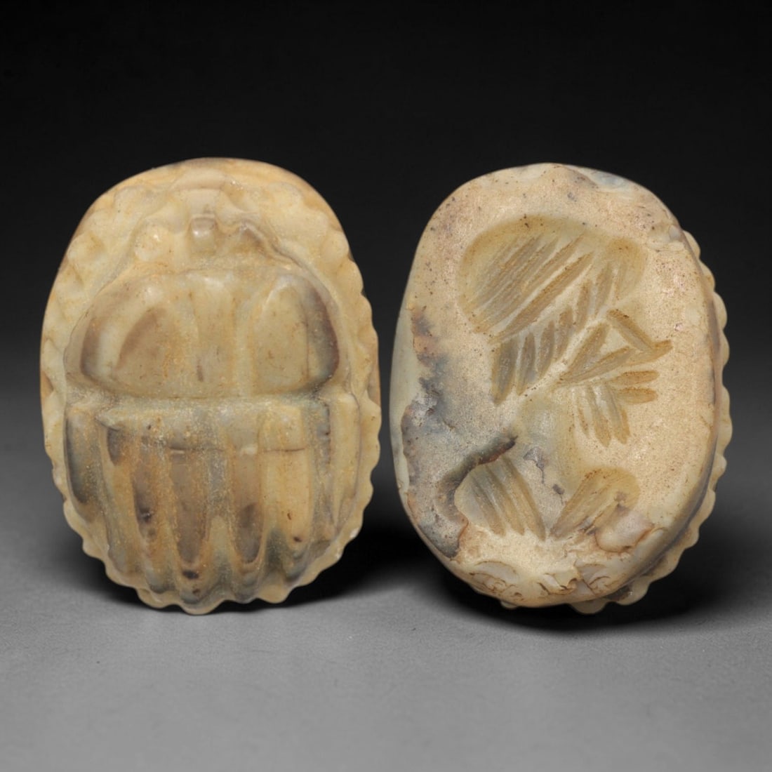 Ancient Hardstone Scarab - Near Eastern Botanical Zoomorphic Seal, 27XT: This artifact is hand-carved from a pale, mottled hardstone, utilizing traditional ancient seal craftsmanship consistent with Near Eastern or Phoenician Iron Age traditions. The object takes the form