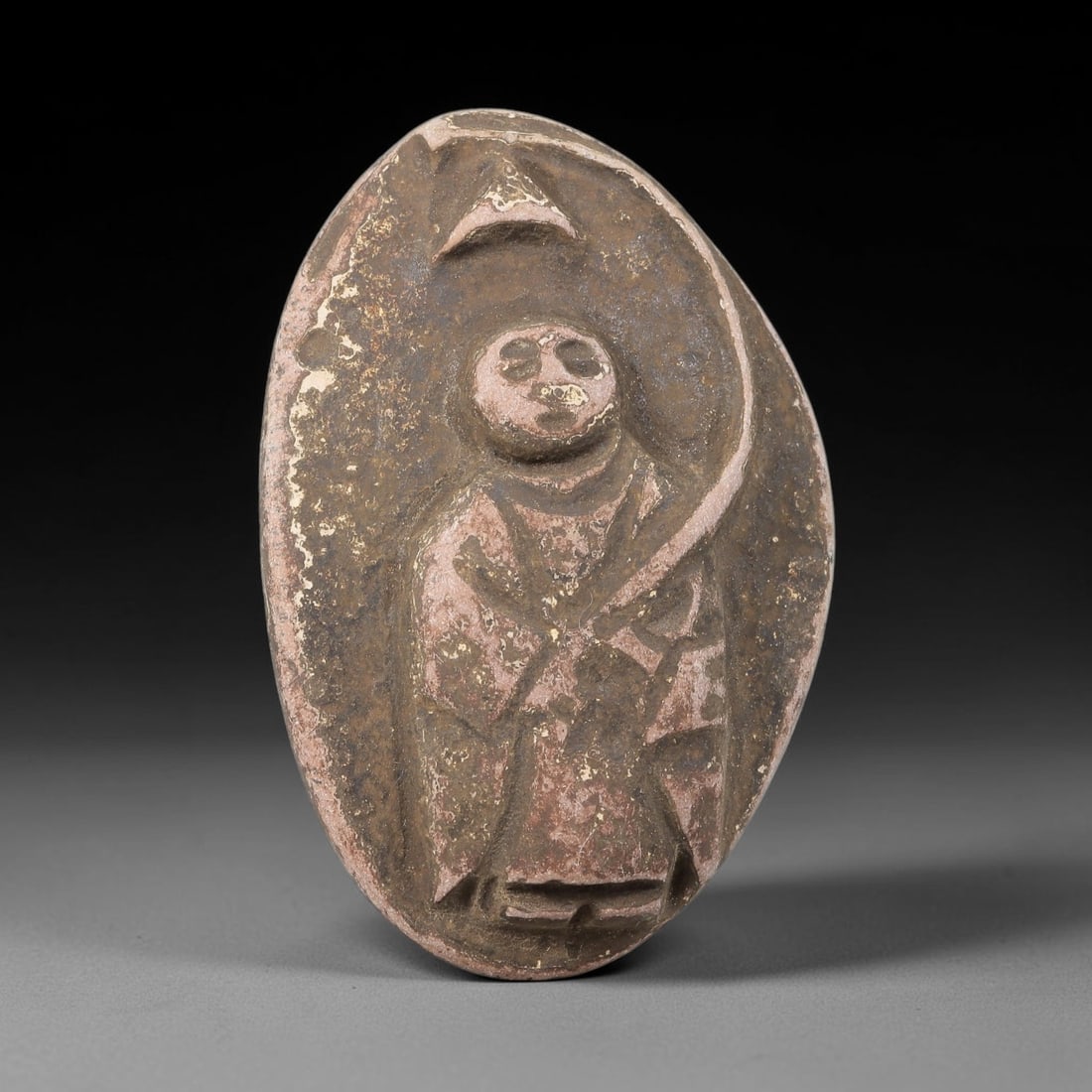 Antique Stone Plaque - Japanese Edo Period Monk Relief, 38WJ: Carved from stone, this antique Japanese Edo period plaque features a deeply incised relief of a standing Buddhist monk, rendered with distinct facial features, traditional robes, and a staff held in