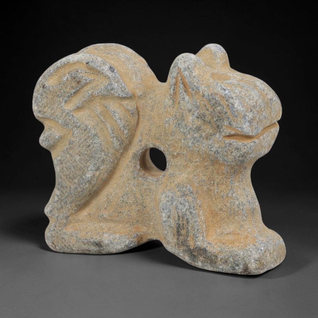Ancient Schist Composite Zoomorphic Amulet - Near Eastern Carved Pendant, 74FY: Carved from schist, this amulet takes the form of a stylized, three-dimensional composite zoomorphic figure (a protective dual-symbol beast, likely combining equine and feline features), rendered in b