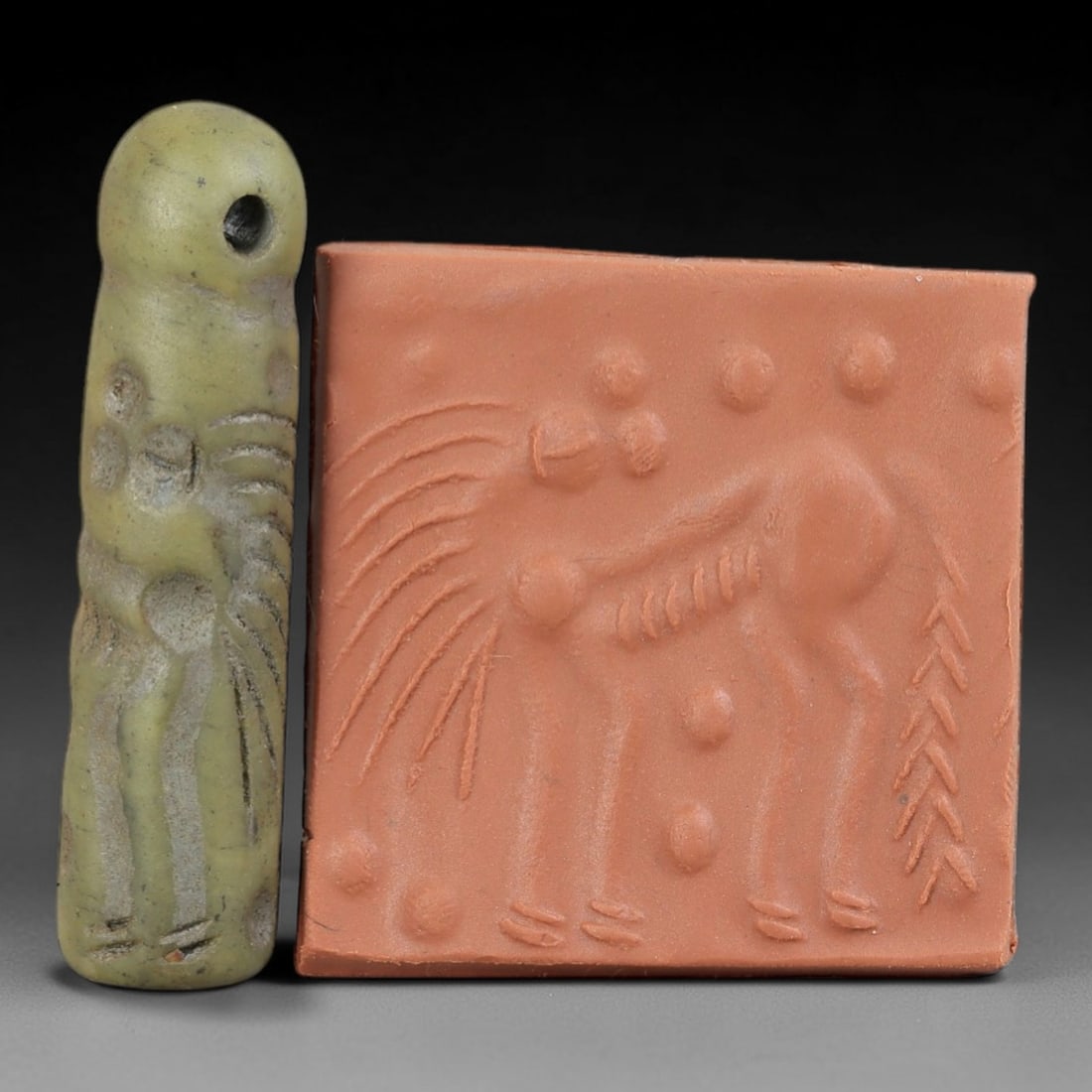 Ancient Serpentine Cylinder Seal - Mesopotamian, 73FX: Carved from serpentine, this cylinder seal follows the classic cylindrical form of ancient Mesopotamian administrative and ritual artifacts. Attributed to the Bronze Age Mesopotamian cultures, this se