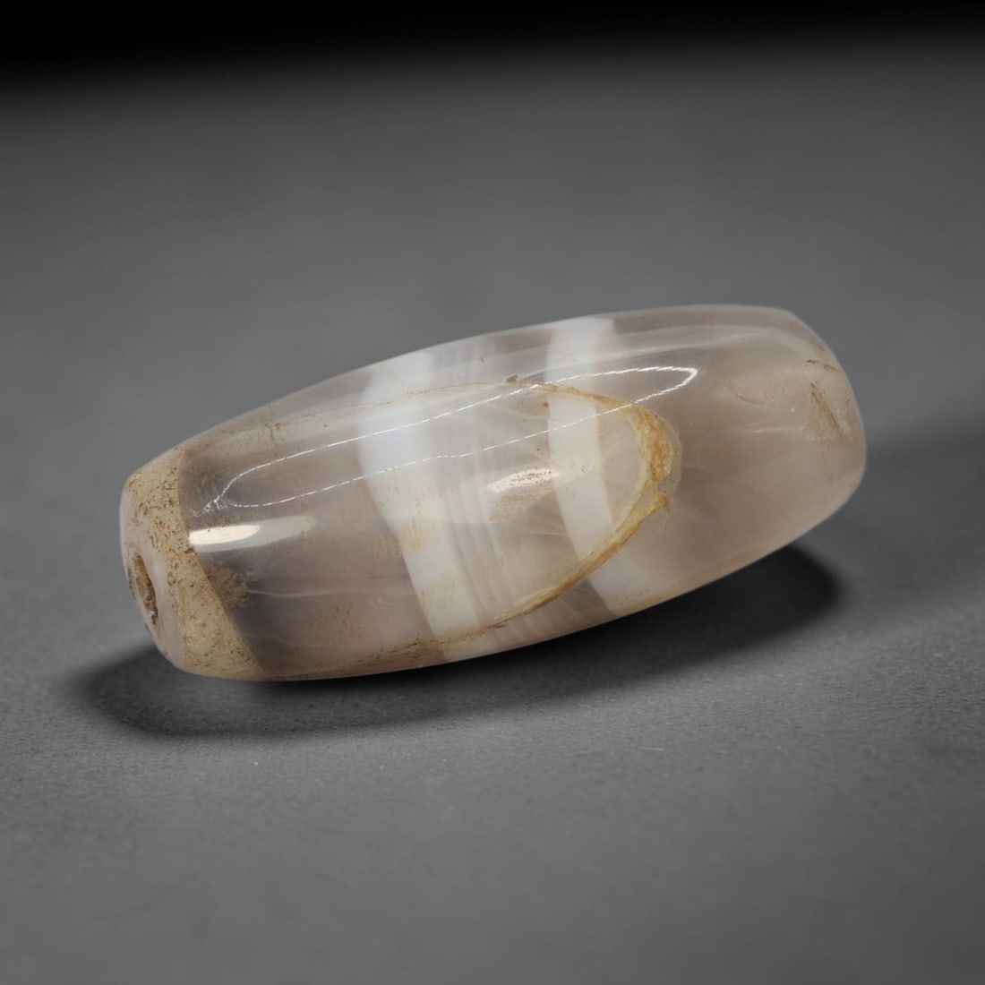 Ancient Banded Agate Bead - Indus Valley Bactrian Pendant, 62WJ: This bead is masterfully carved from translucent banded agate, showcasing exceptional lapidary craftsmanship consistent with ancient bead-making traditions of the Indus Valley and Bactrian regions. Th