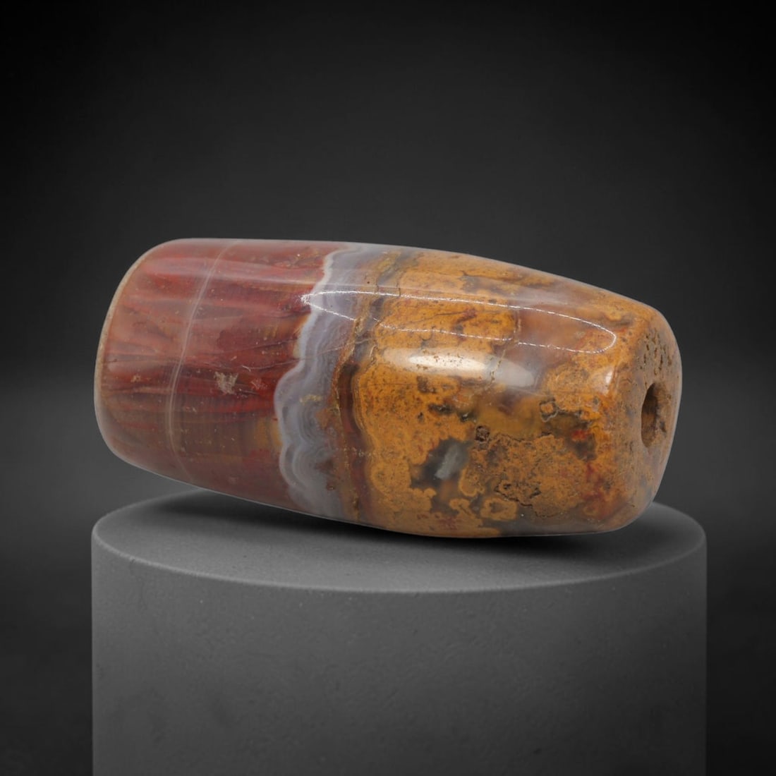 Ancient Banded Agate Jasper Bead - Western Asiatic Amulet, 89XT: This bead is masterfully carved from naturally banded translucent agate jasper, showcasing exceptional lapidary craftsmanship consistent with ancient bead-making traditions of the Indus Valley and Bac