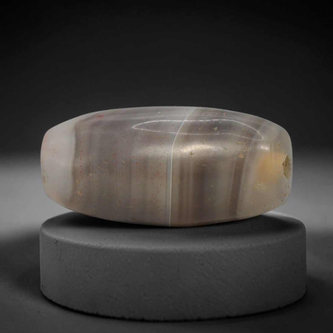 Ancient Agate Bead - Indus Valley Bactrian Pendant, 76XT: This bead is carved from banded translucent agate, showcasing precise lapidary workmanship consistent with ancient bead-making traditions of the Indus Valley and Bactrian regions. The elongated barrel