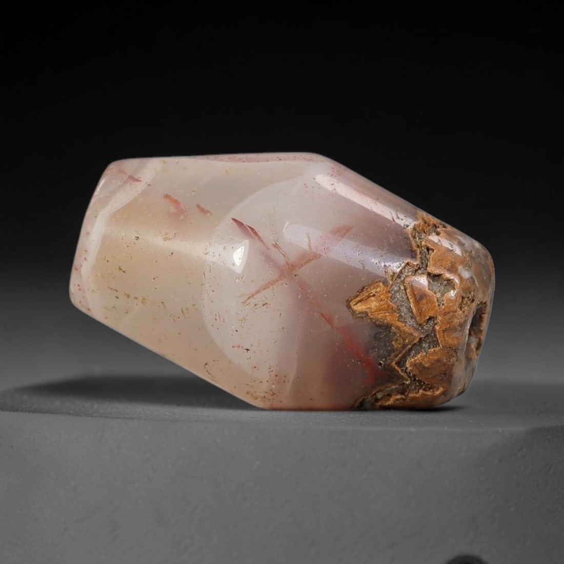 Ancient Agate Bead - Silk Road Cylinder Amulet: Carved from translucent banded agate, the bead features a smooth cylindrical barrel form with a polished surface that highlights the stone's pale milky base, accented by striking red needle-like inclu