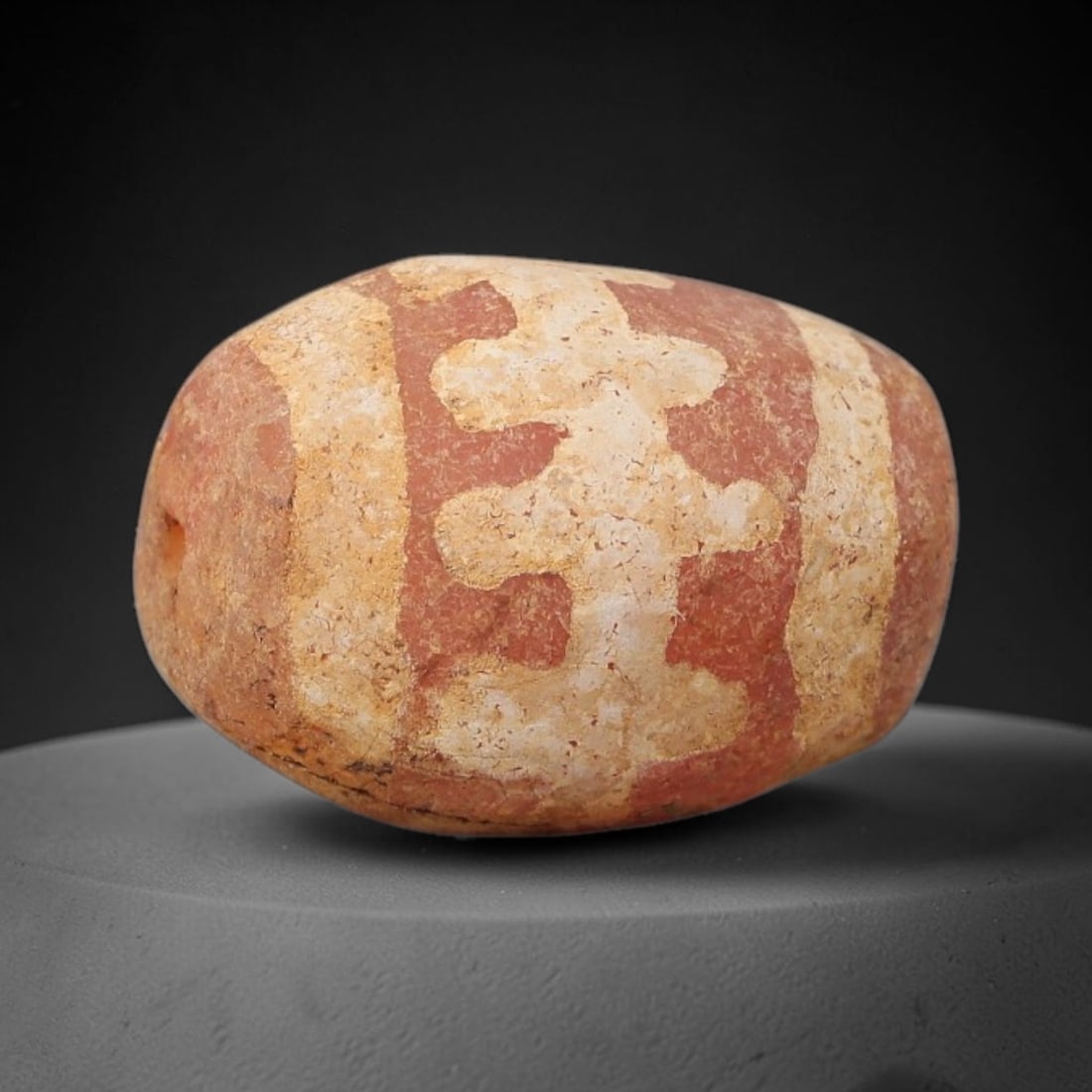 Ancient Carnelian Bead - Gandhara Etched Amulet, 4BE: This ancient Gandhara etched carnelian bead originates from archaeological excavations, crafted from rich reddish-orange carnelian with hand-etched abstract anthropomorphic and banded motifs character