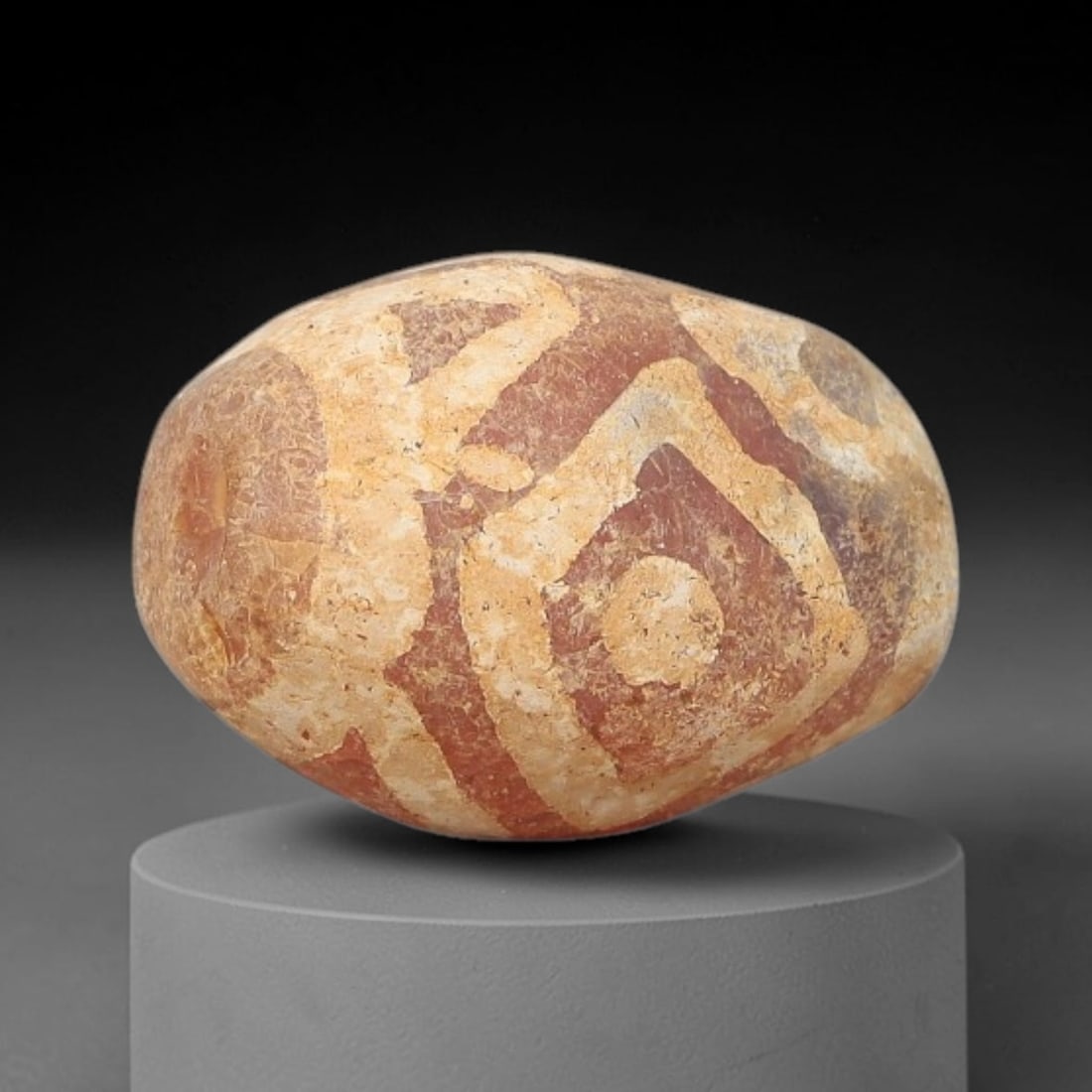 Ancient Carnelian Bead - Gandhara Etched Amulet, 35BD: This ancient Gandhara etched carnelian bead originates from archaeological excavations, crafted from rich red carnelian with intricate hand-etched geometric eye and diamond motifs characteristic of Ga