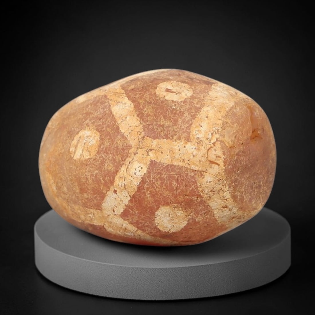 Ancient Carnelian Bead - Gandhara Etched Amulet, 28BD: This ancient Gandhara etched carnelian bead originates from archaeological excavations, crafted from rich reddish-orange carnelian with hand-etched geometric cross and circular motifs characteristic o