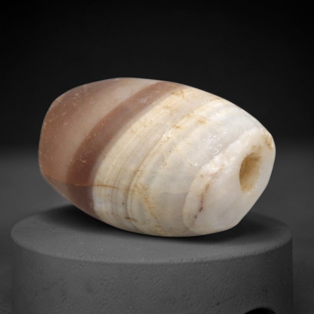 Ancient Banded Agate Bead - Western Asiatic Silk Road Amulet, 88XW: This bead is fashioned from banded agate with distinct horizontal stratification of creamy white and rich reddish-brown hues, characteristic of ancient lapidary craftsmanship from the Western Asiatic