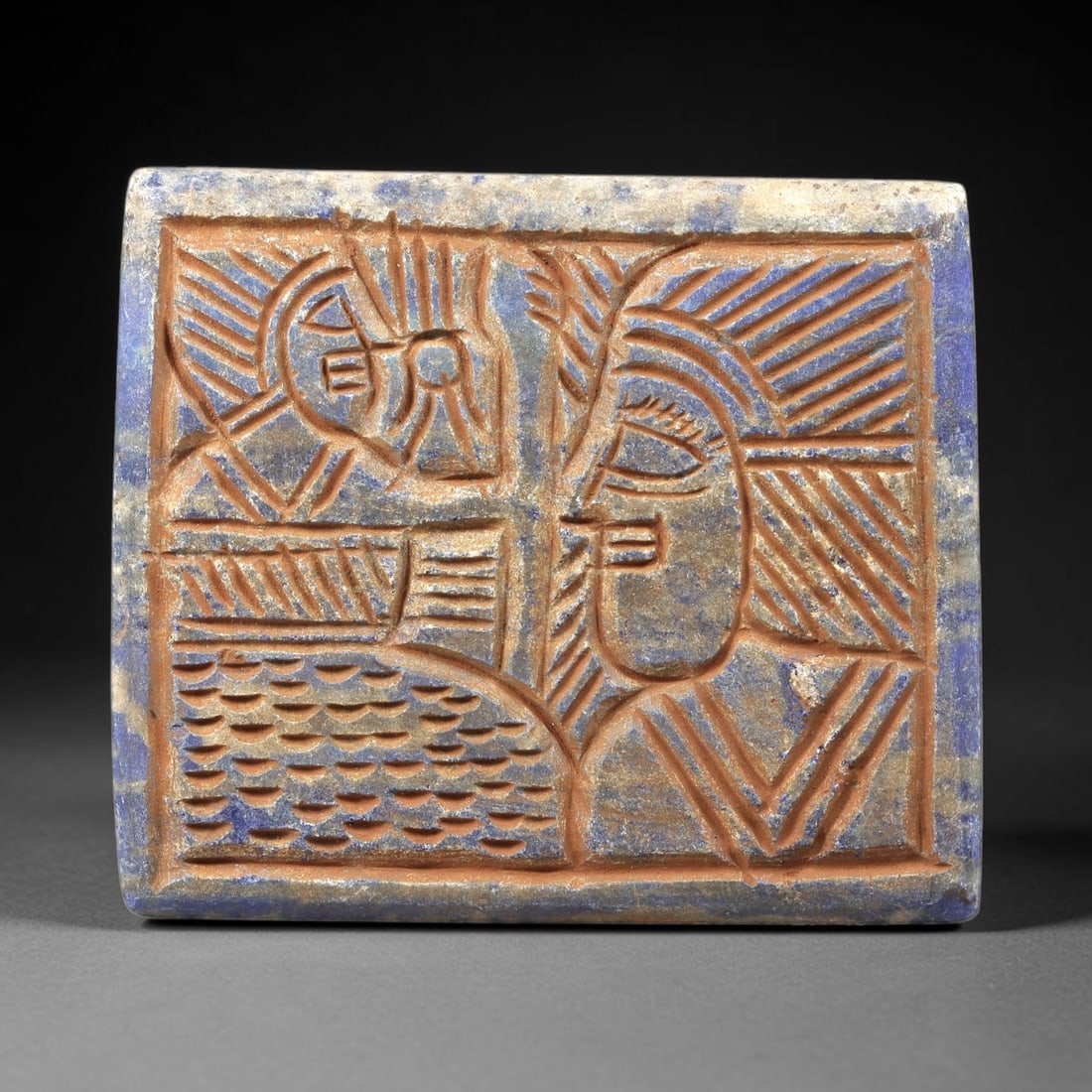 Near Eastern Lapis Lazuli Plaque - Tribal Art Dual Figure Relief, 57BG (1 of 2)