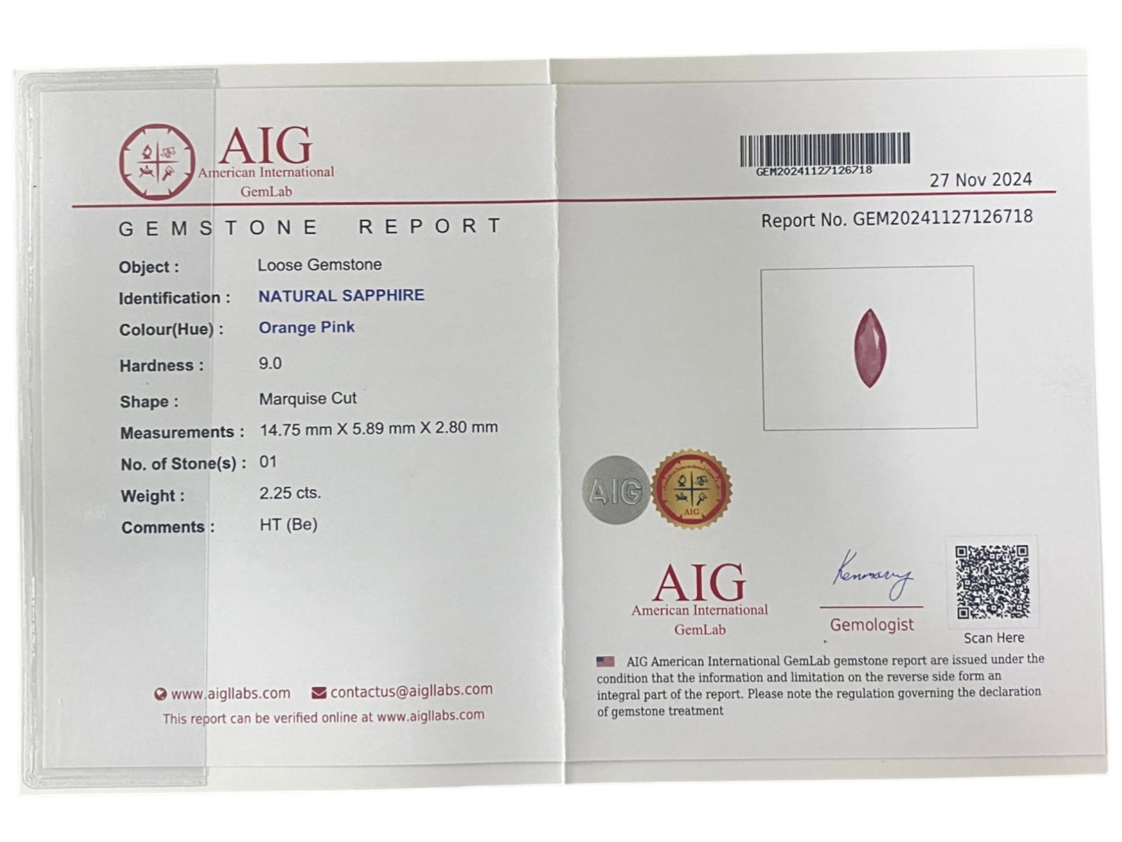 2.25 Carats Certified Orange Pink Sapphire - Natural Ceylon Gemstone, LZ114: This striking 2.25 carat marquise-cut sapphire captivates with a delicate orange-pink hue, a rare and sought-after shade that evokes the soft glow of a tropical sunrise. The elegant marquise cut enhan