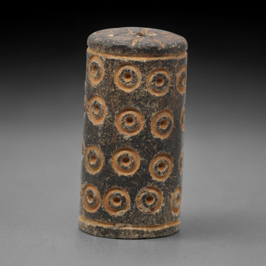 Ancient Steatite Amulet - Near Eastern Concentric Circles Bead, 58XV: This cylindrical artifact is carved from steatite, displaying consistent, repetitive craftsmanship across its vertical surface. Its decorative scheme features concentric circle motifs arranged in hori