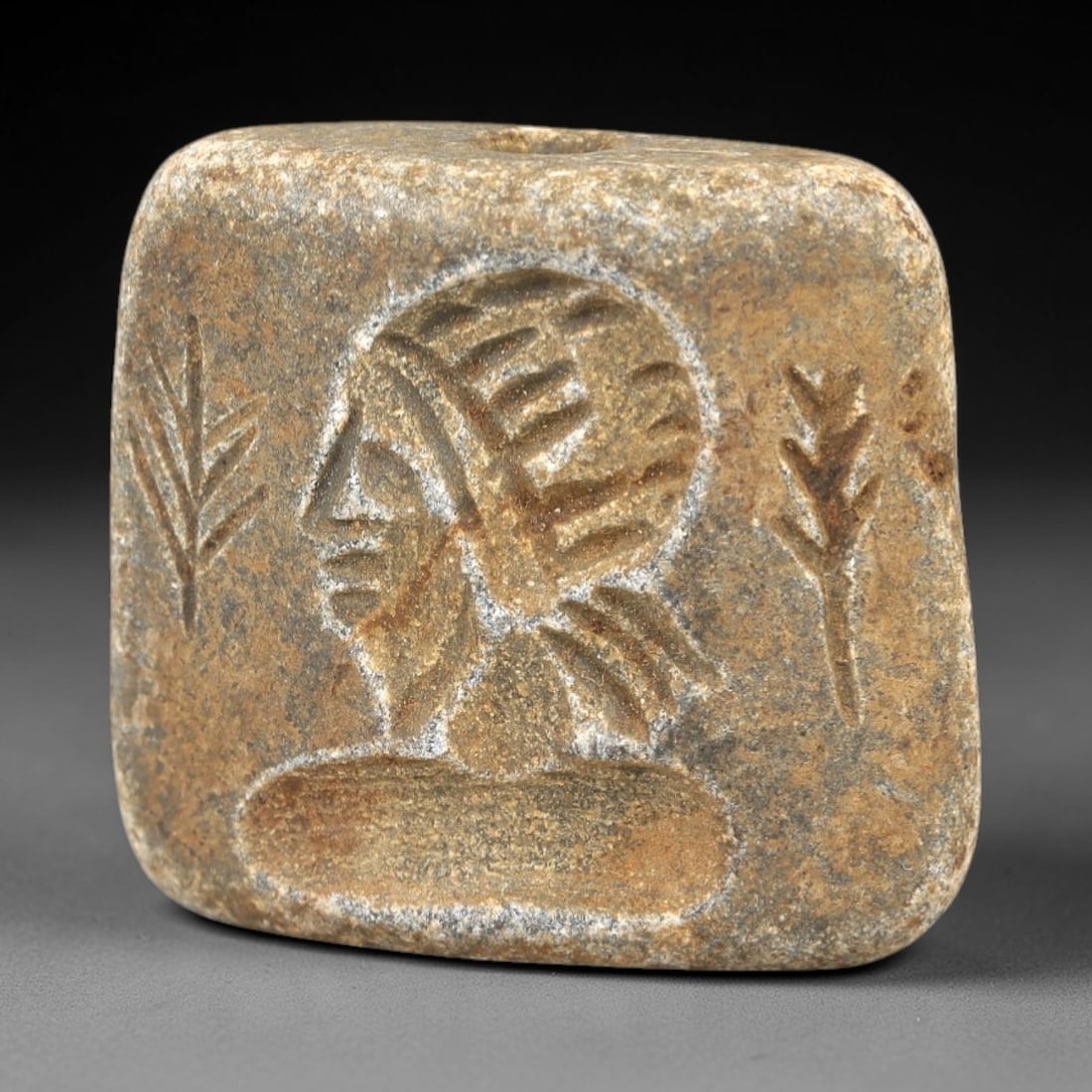 Ancient Schist Double Convex Bead Amulet - Near Eastern Bust with Tree Motif, 70AM: Carved from dark gray schist, this 2.5x2cm double convex bead amulet features two complementary intaglio motifs: each side depicts a stylized anthropomorphic bust in profile, flanked by two small sacr
