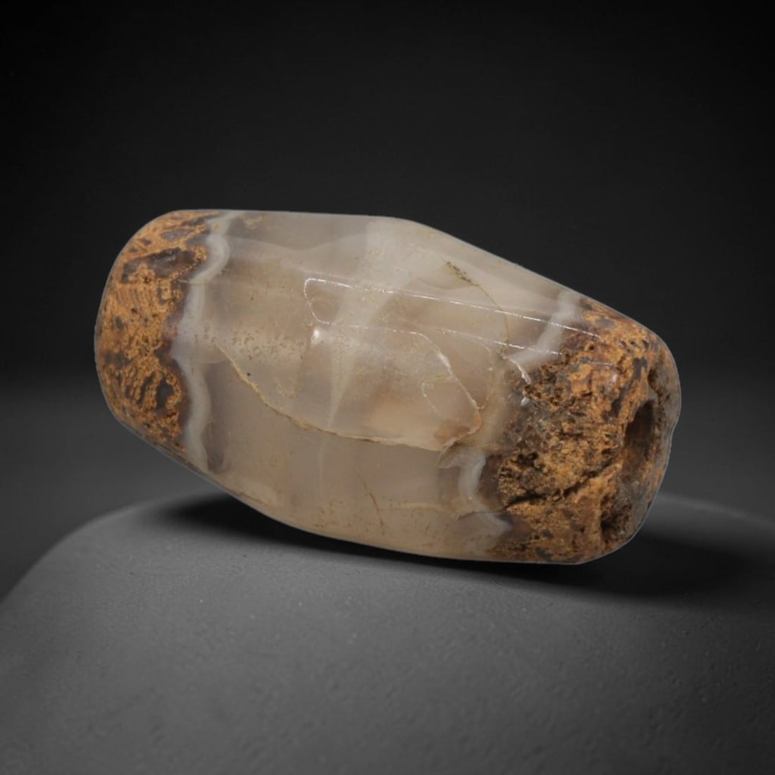 Ancient Banded Agate Barrel Bead - Central Asian Trade Relic, 48XW: This bead is expertly carved from delicately banded agate (often called "carnelian agate" in ancient gem trade contexts), showcasing refined lapidary craftsmanship consistent with the ancient bead-mak