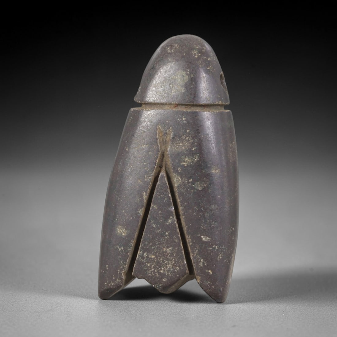 Ancient Stone Fly Amulet - Egyptian Insect Figurine, 70AP: Carved from a dense, dark stone with natural mineral inclusions and a smooth, weathered patina, this amulet depicts a stylized fly form with a domed, rounded head and broad, segmented wing extensions
