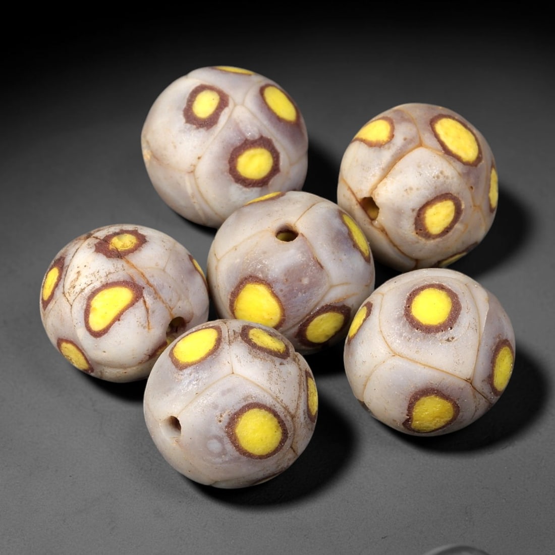 Old Glass Mosaic Dot Beads - Phoenician Style Spherical Beads, 85BG: Set of six spherical old glass mosaic beads, crafted from fused colored glass segments to create a repeating geometric dot motif across each surface. Each bead features raised yellow circular inlays s