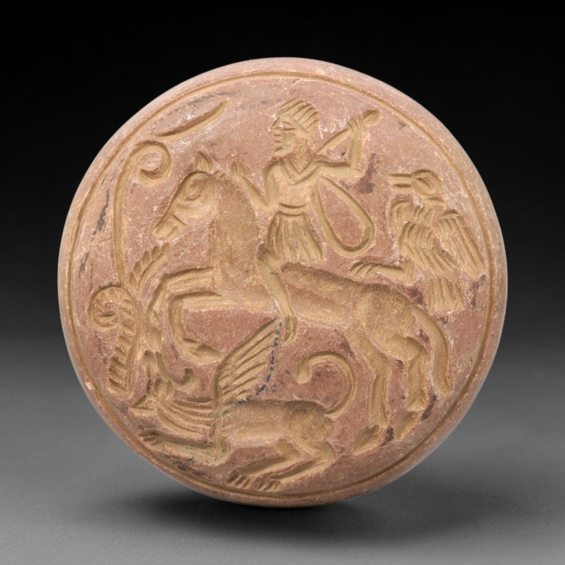 Near Eastern Steatite Round Plaque - Tribal Art Horseman, Bird & Griffin Relief, 89ZY (1 of 2)