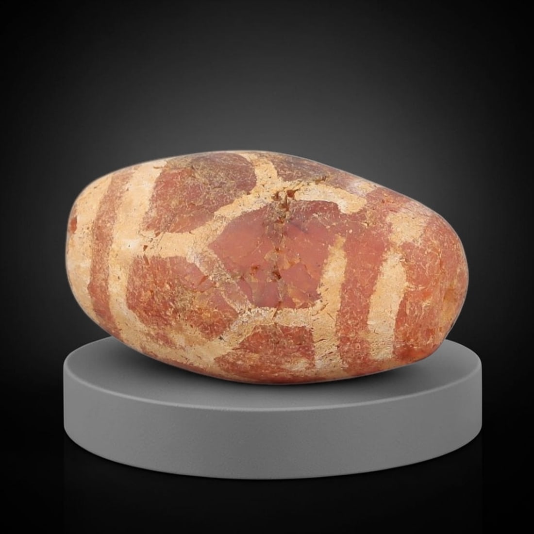 Ancient Carnelian Bead - Gandhara Etched Amulet, 60BD: This ancient Gandhara etched carnelian bead originates from archaeological excavations, crafted from rich reddish-orange carnelian with hand-etched geometric lattice and banded motifs characteristic o