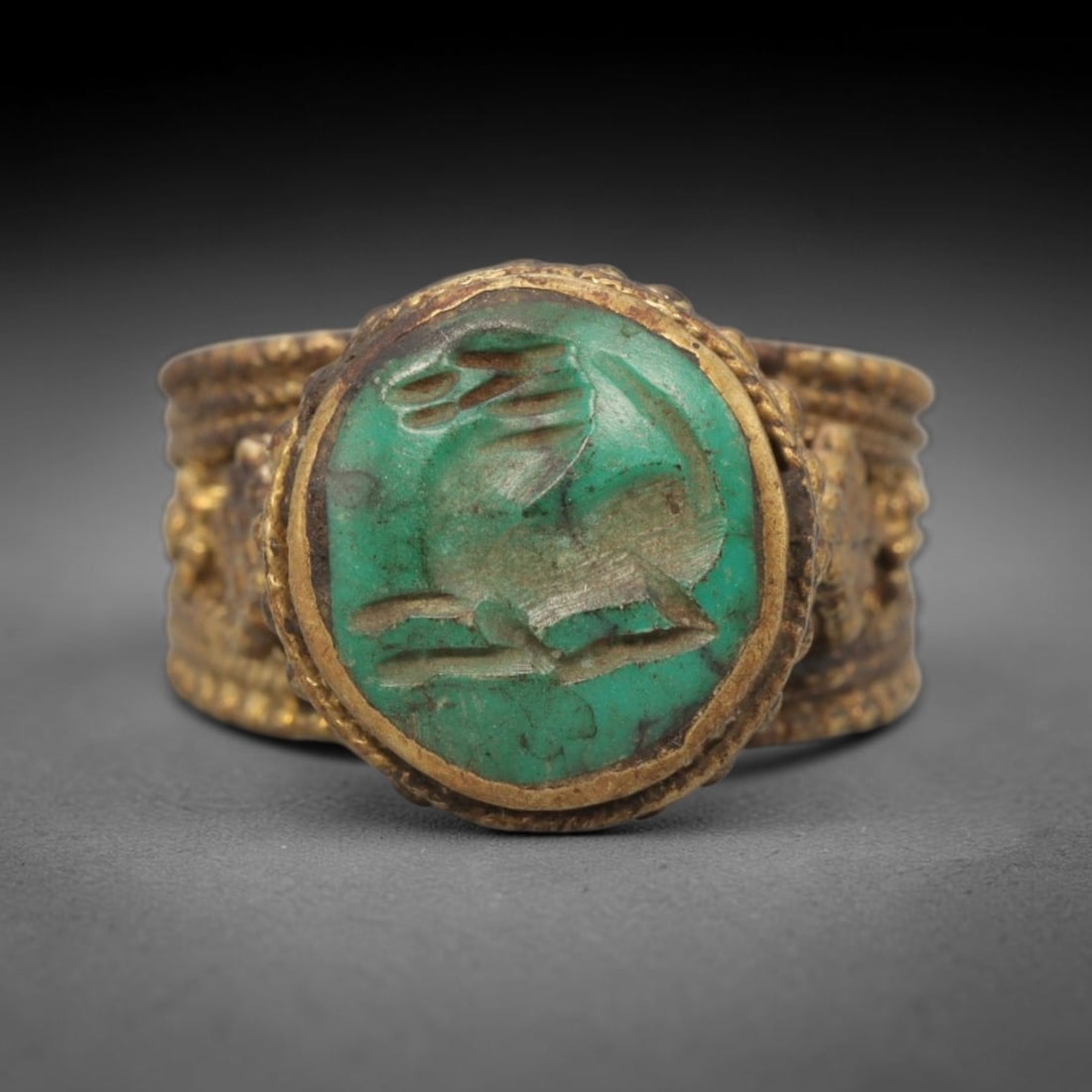 Antique Qajar Dynasty Brass Turquoise Intaglio Ring - Size 8 US, 64ZX (1 of 2)
