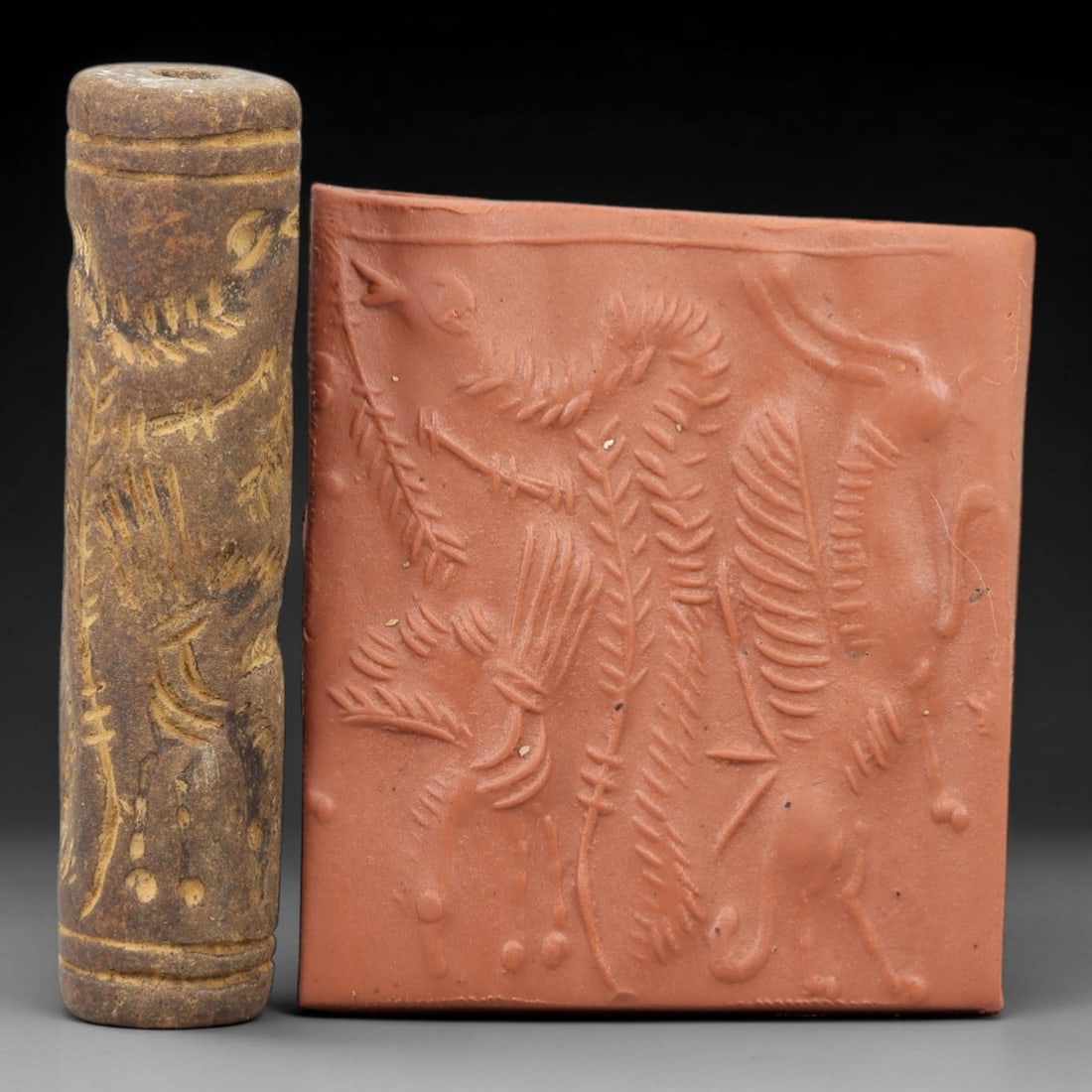 Ancient Steatite Cylinder Seal - Mesopotamian Mythical Creature Scene, 69AN (1 of 2)