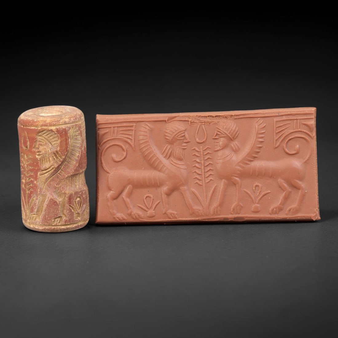 Ancient Stone Cylinder Seal - Mesopotamian Amulet Relic, 17BH: Carved from a light, weathered stone, this miniature cylindrical seal features incised decoration depicting a winged human-headed sphinx, with detailed linear carving defining the figure's facial feat