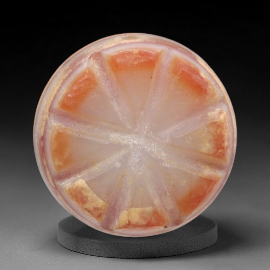 Antique Agate Citrus Slice Bead - Central Asian Nature-Inspired Pendant, 14ZW: Carved from banded agate with a soft pinkish-white base and warm orange inclusions, this bead features a symmetrical eight-segment citrus slice motif, with crisp white lines mimicking citrus pith radi