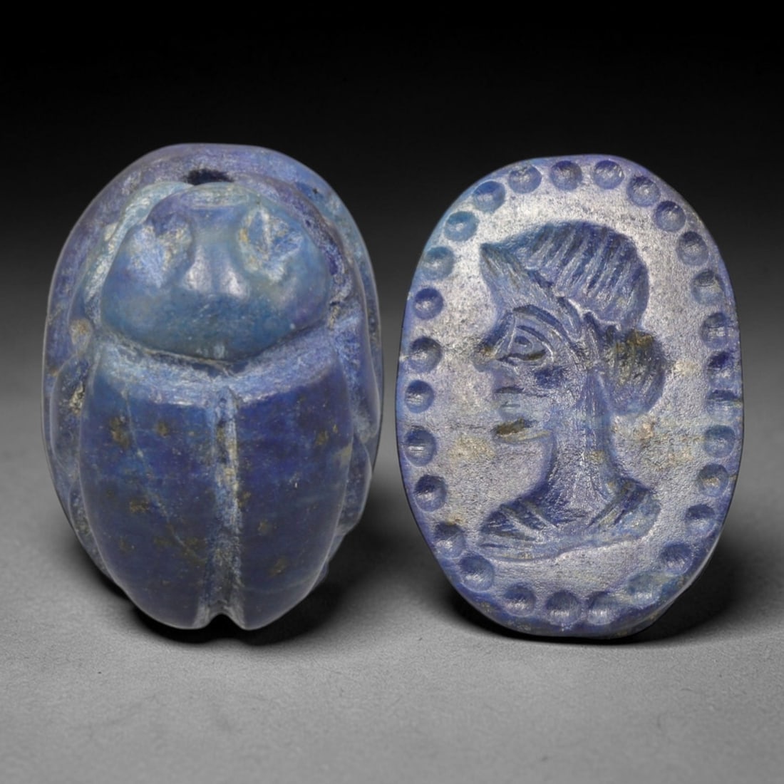 Ancient Lapis Lazuli Scarab - Near Eastern Stamp Seal, 71AS: This artifact is hand-carved from lapis lazuli, employing traditional ancient lapidary techniques characteristic of Near Eastern Bronze Age craftsmanship. The object takes the form of a scarab beetle,