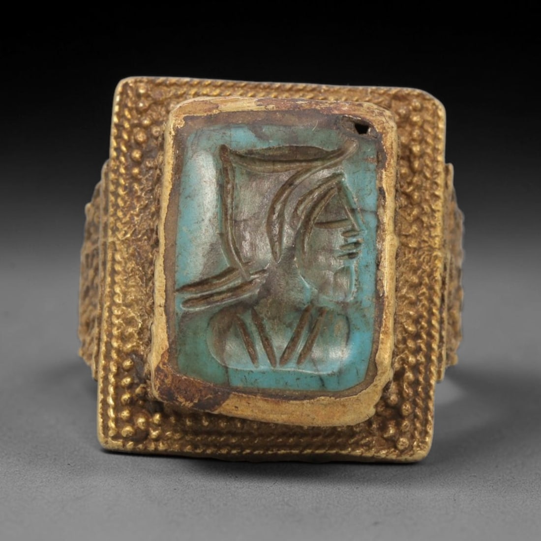 Antique Qajar Dynasty Brass Turquoise Intaglio Ring - Size 8 US, 82ZX (1 of 2)