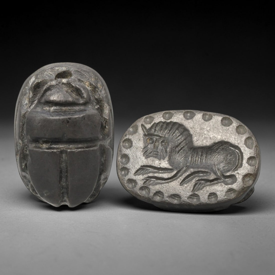 Ancient Hardstone Scarab - Near Eastern Monoceros Zoomorphic Seal, 30XT: This artifact is hand-carved from a dark, fine-grained hardstone, utilizing traditional ancient seal craftsmanship consistent with Near Eastern or Phoenician Iron Age traditions. The object takes the