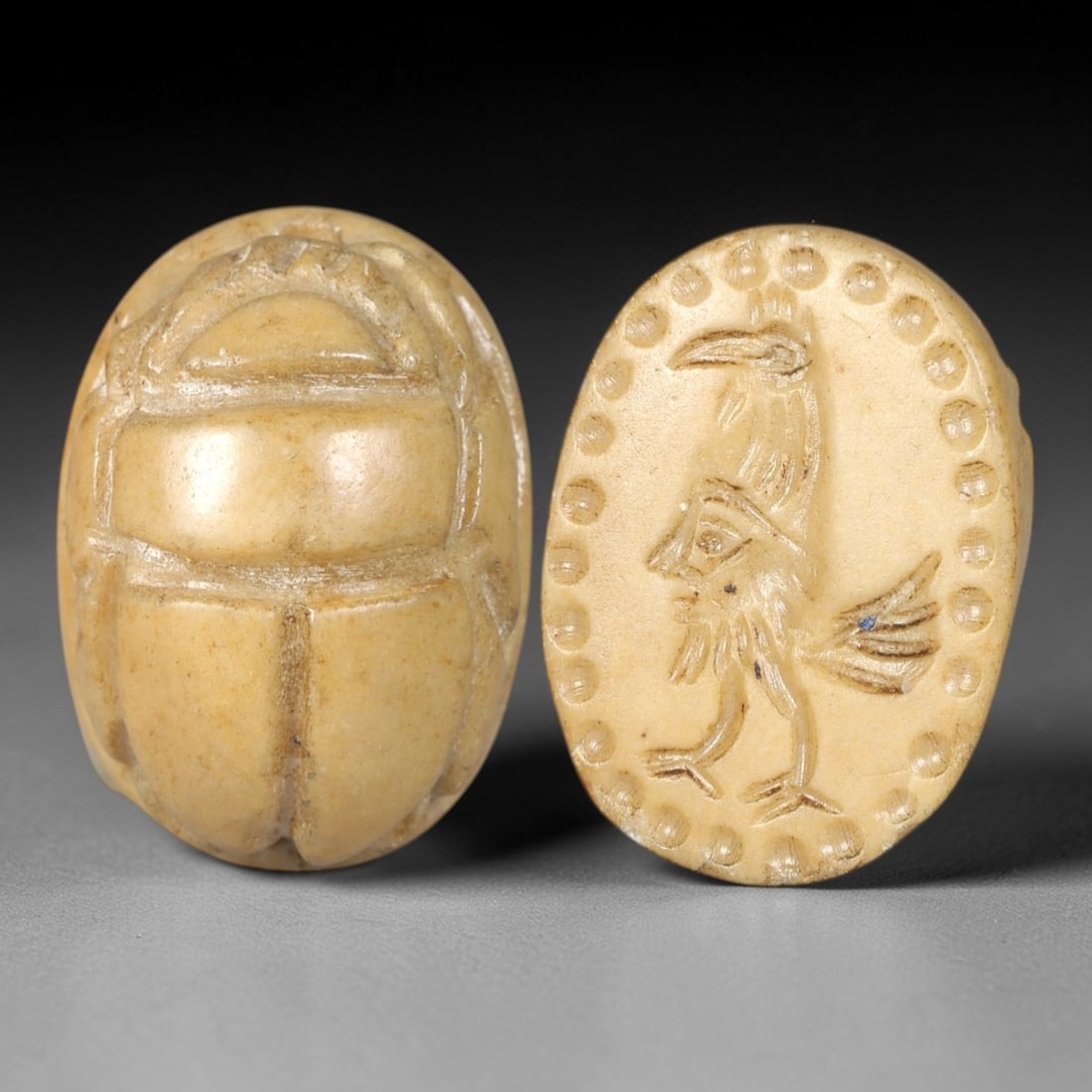Ancient Limestone Scarab - Near Eastern Composite Zoomorphic Seal, 69AS: This artifact is hand-carved from pale yellow limestone, utilizing traditional ancient seal craftsmanship consistent with Near Eastern or Phoenician Iron Age traditions. The object takes the form of a