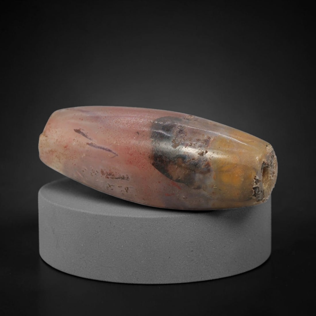 Ancient Scenic Agate Bead - Indus Valley Bactrian Pendant, 44XW: This bead is masterfully carved from scenic agate, showcasing exceptional lapidary craftsmanship consistent with ancient bead-making traditions of the Indus Valley and Bactrian regions. The elongated 