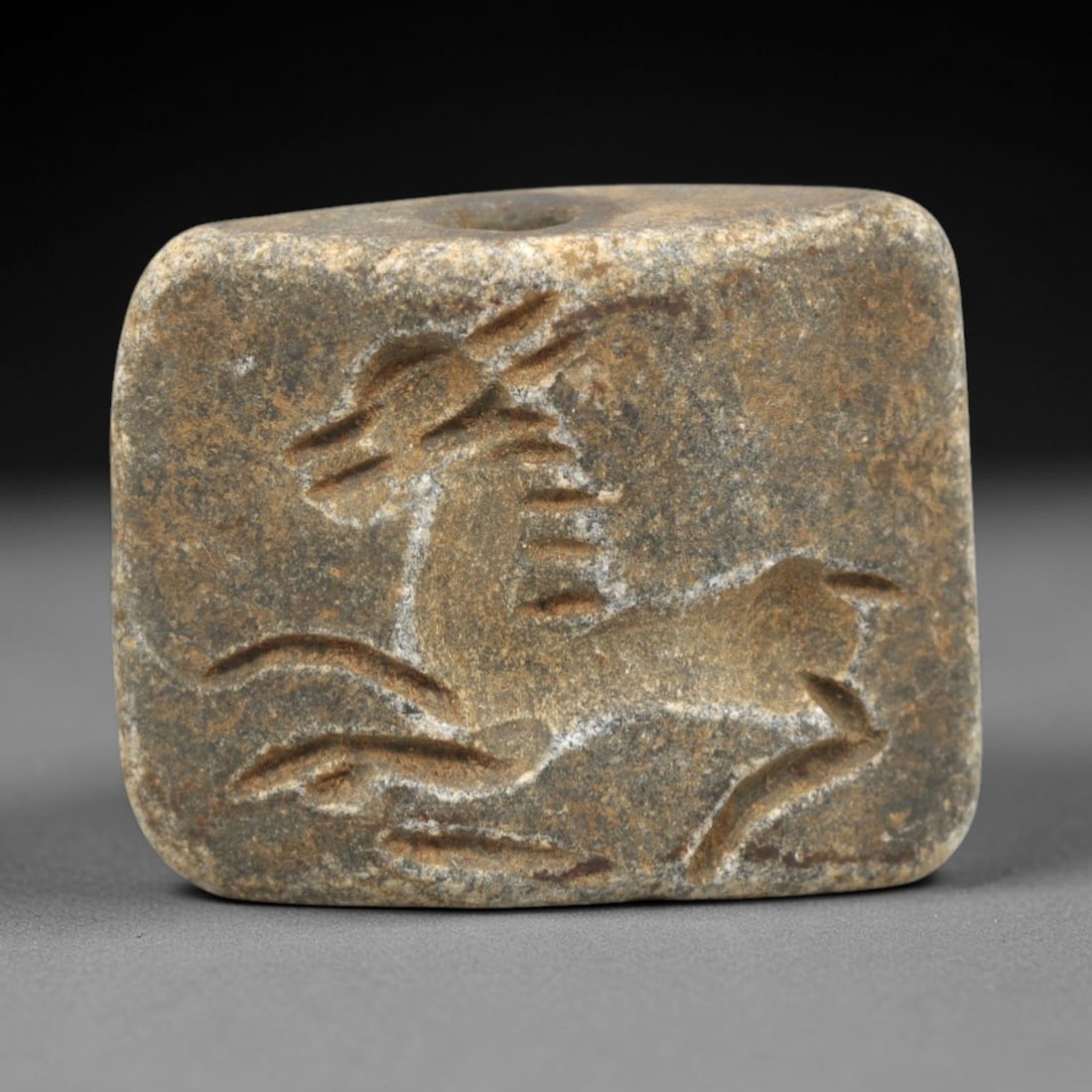 Ancient Schist Double Convex Bead Amulet - Near Eastern Leaping Caprine Intaglio, 6ZS: Carved from dark gray schist, this 2.5x2cm double convex bead amulet features two nearly identical intaglio motifs: each side depicts a dynamic leaping caprine (likely an ibex or gazelle) with incised
