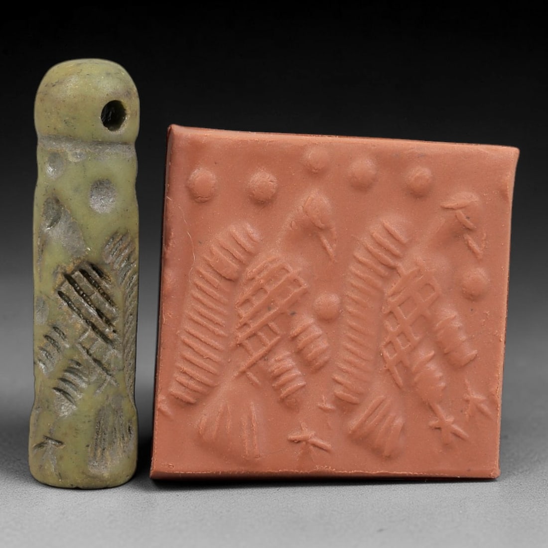 Ancient Serpentine Cylinder Seal - Mesopotamian, 87FX: Carved from serpentine, this cylinder seal follows the classic cylindrical form of ancient Mesopotamian administrative and ritual artifacts. Attributed to the Bronze Age Mesopotamian cultures, this se