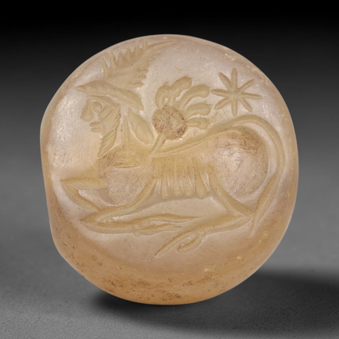 Ancient Chalcedony Hemispherical Stamp Seal - Near Eastern Sphinx & Celestial Symbol, 38ZP (1 of 2)