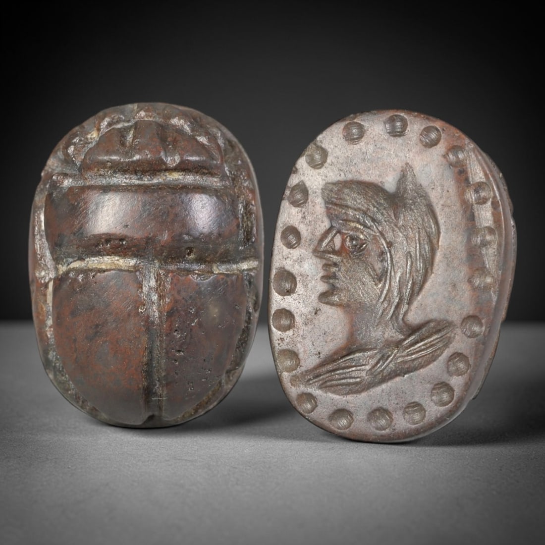 Ancient Hardstone Scarab - Near Eastern Figural Seal, 70AS: This artifact is hand-carved from a rich brown hardstone, utilizing traditional ancient seal craftsmanship consistent with Near Eastern or Phoenician Iron Age traditions. The object takes the form of