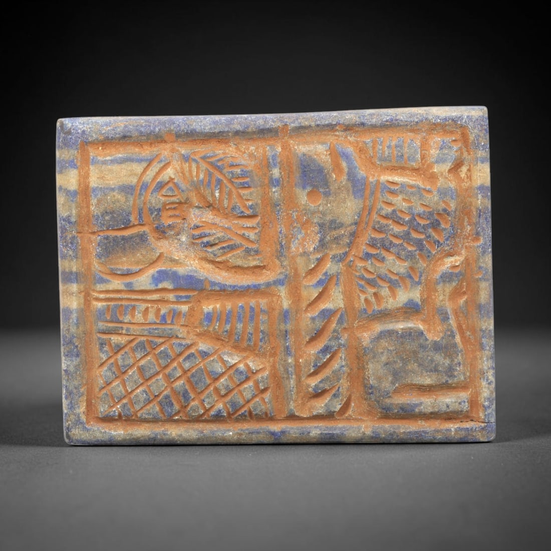 Near Eastern Lapis Lazuli Plaque - Tribal Art Figure & Feline Relief, 41ZY: Carved from natural lapis lazuli stone, this Near Eastern tribal art plaque relief features a hand-carved dual-panel composition depicting a stylized human figure alongside a feline motif, executed wi