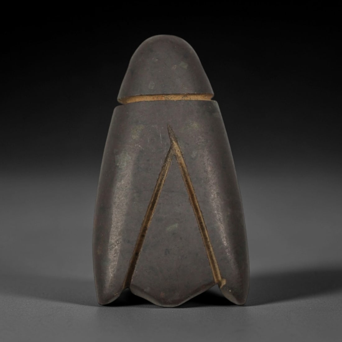 Ancient Brown Stone Amulet - Near Eastern Zoomorphic Cicada Pendant, 99XP: Carved from dense, dark brown stone, this amulet depicts a stylized cicada, a motif with deep symbolic resonance in ancient Near Eastern and Mediterranean ritual art, often associated with rebirth and