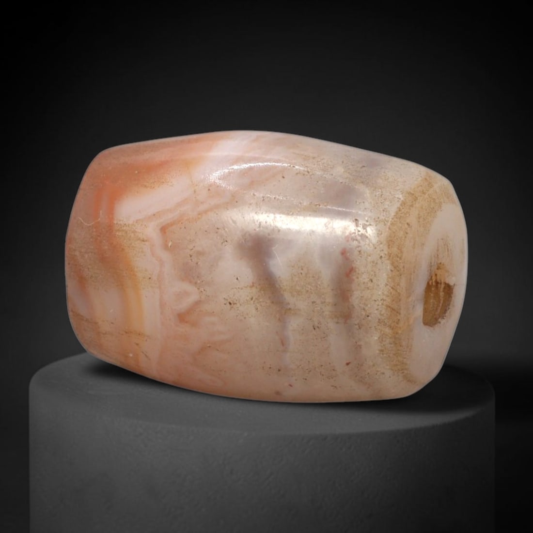Ancient Agate Bead - Silk Road Jasper Amulet, 85XW: This bead is fashioned from banded agate with warm peach, cream, and grey striations, exhibiting the skilled lapidary craftsmanship of ancient Silk Road and Western Asiatic bead-making traditions, att