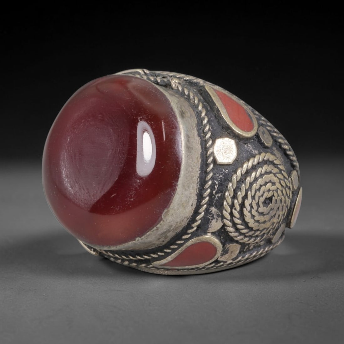Antique Silvered Ring - Eurasian Steppe Carnelian Multi-Stone Cabochon, 93BH (1 of 2)