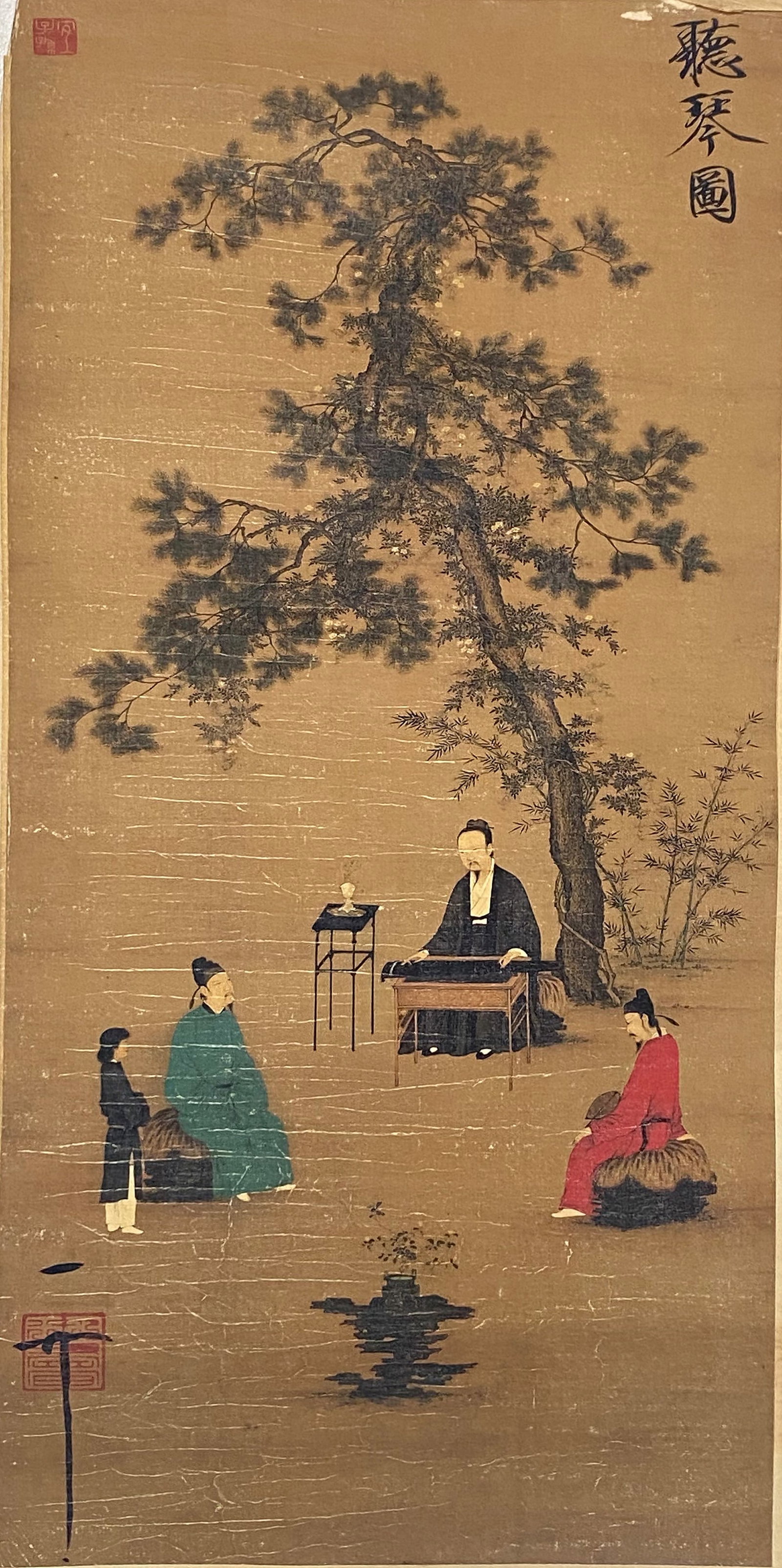 A Chinese Ink and Color Art Print of Listening to the Qin, 20th Century, 7FK: Produced using fine art printing processes on aged paper stock, the work is an ink and color art print executed in the traditional Chinese literati painting idiom. The composition features a scholar p