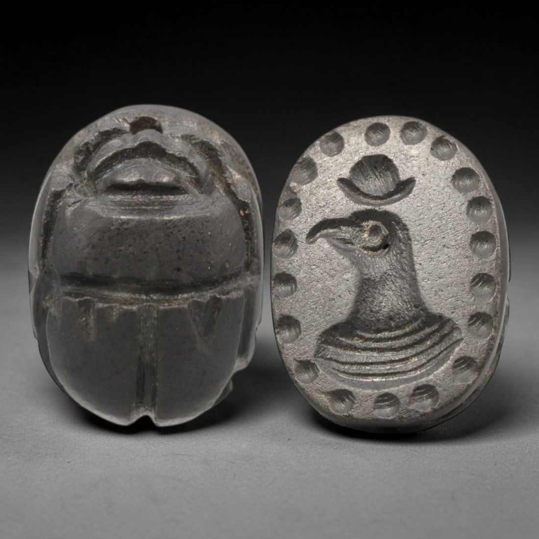 Ancient Hardstone Scarab - Near Eastern Avian Zoomorphic Seal, 68AS: This artifact is hand-carved from a dark, fine-grained hardstone, utilizing traditional ancient seal craftsmanship consistent with Near Eastern or Phoenician Iron Age traditions. The object takes the
